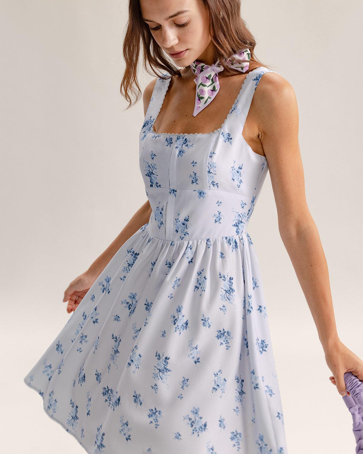 Blue Floral Square Neck Slip Mini Dress Product Image
