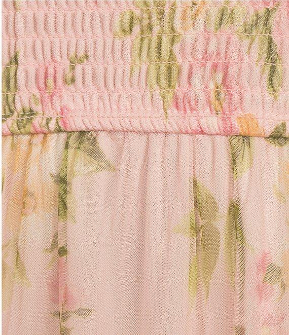 Blu Pepper Floral Print Mesh Round Neck Short Sleeve Smocked Midi Dress Product Image