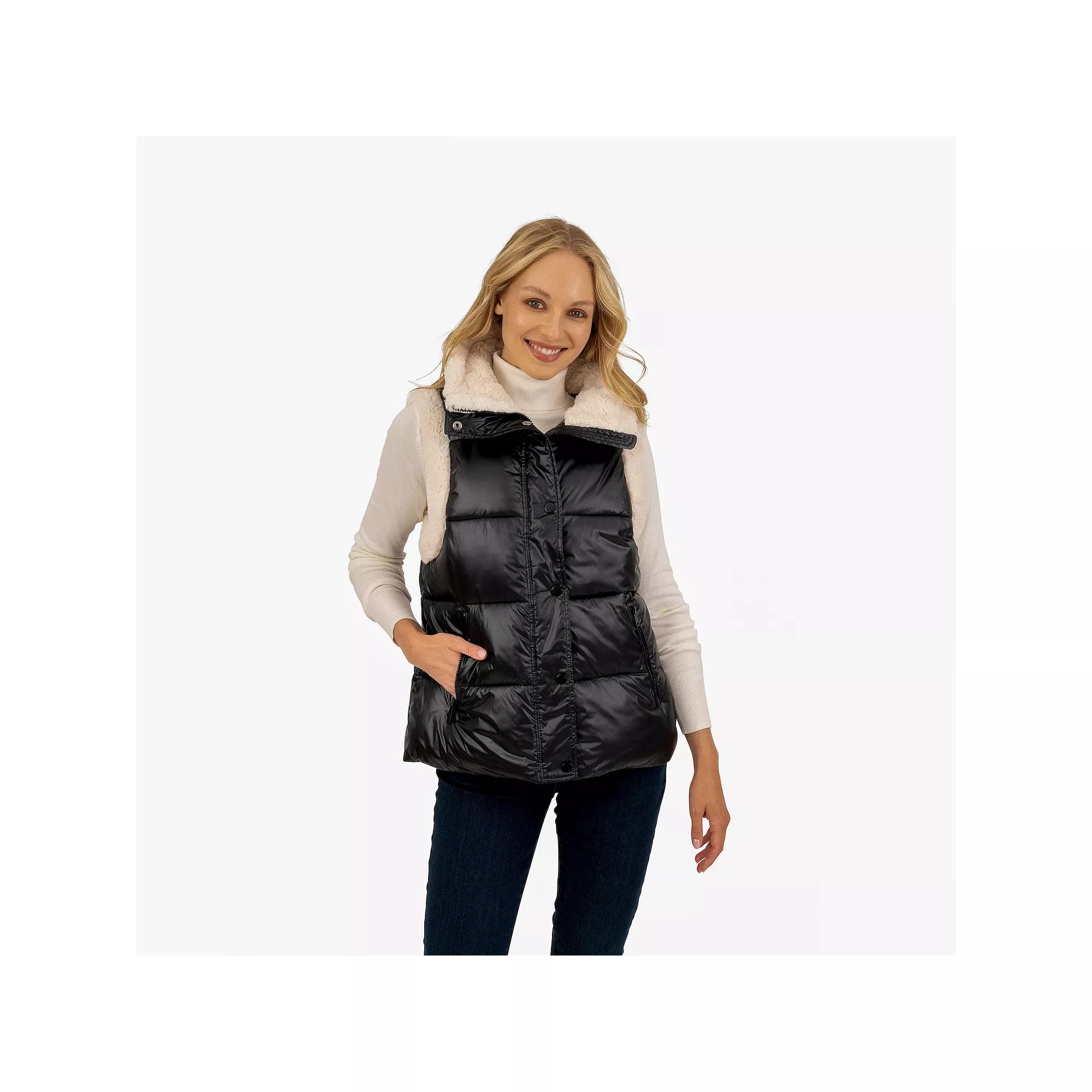 Women's Fleet Street Quilted Puffer Vest with Faux-Sherpa Trim, Size: Large, Black Product Image