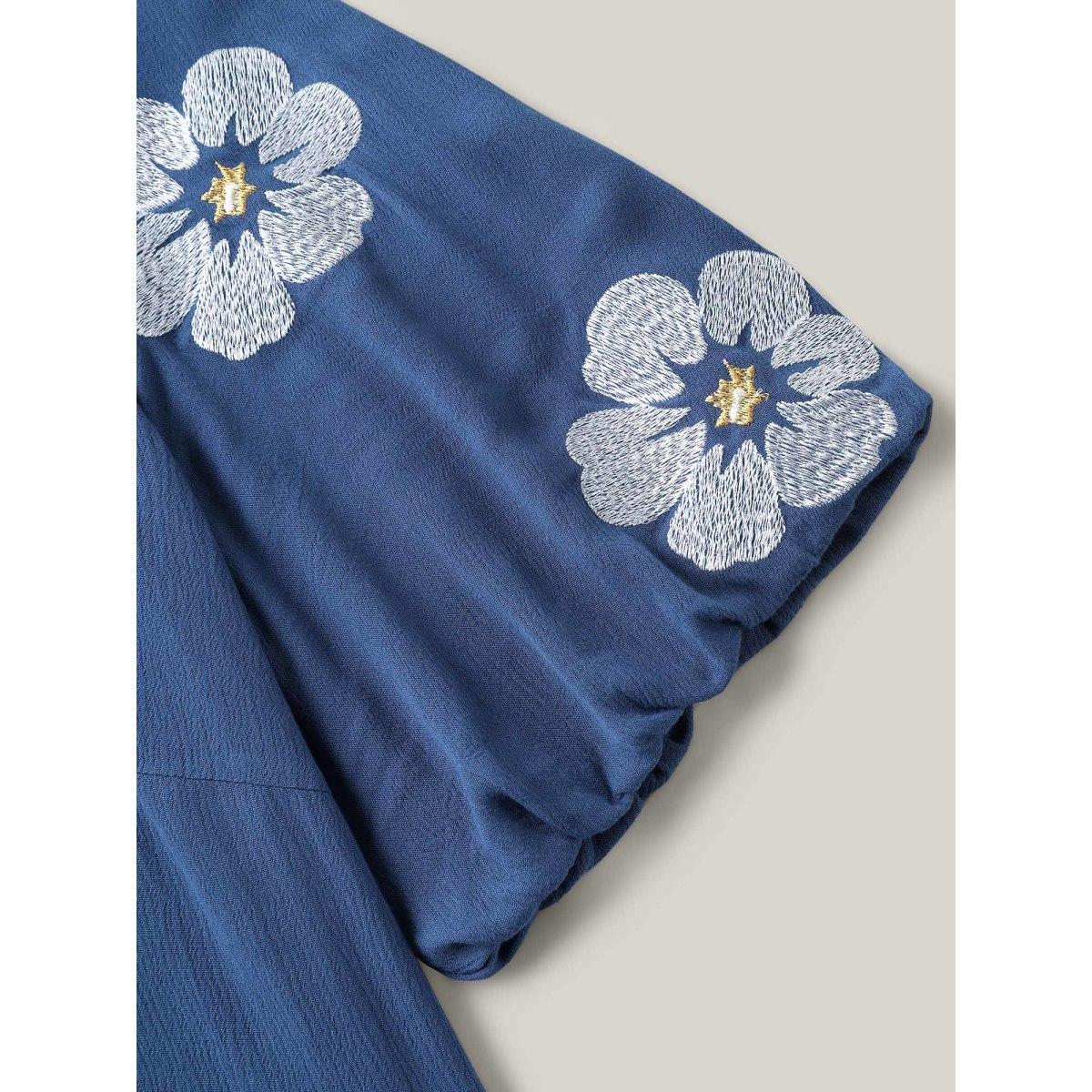 Plus Size DarkBlue Floral Embroidery Textured Neck Tie Blouse Women Boho Half Sleeve Flat collar with V-notch Vacation Blouses BloomChic 10/M Product Image