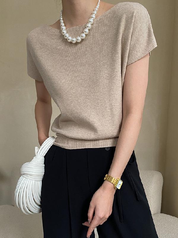 Stylish Loose Solid Color Boat Neck Knitwear Pullovers Tops Product Image