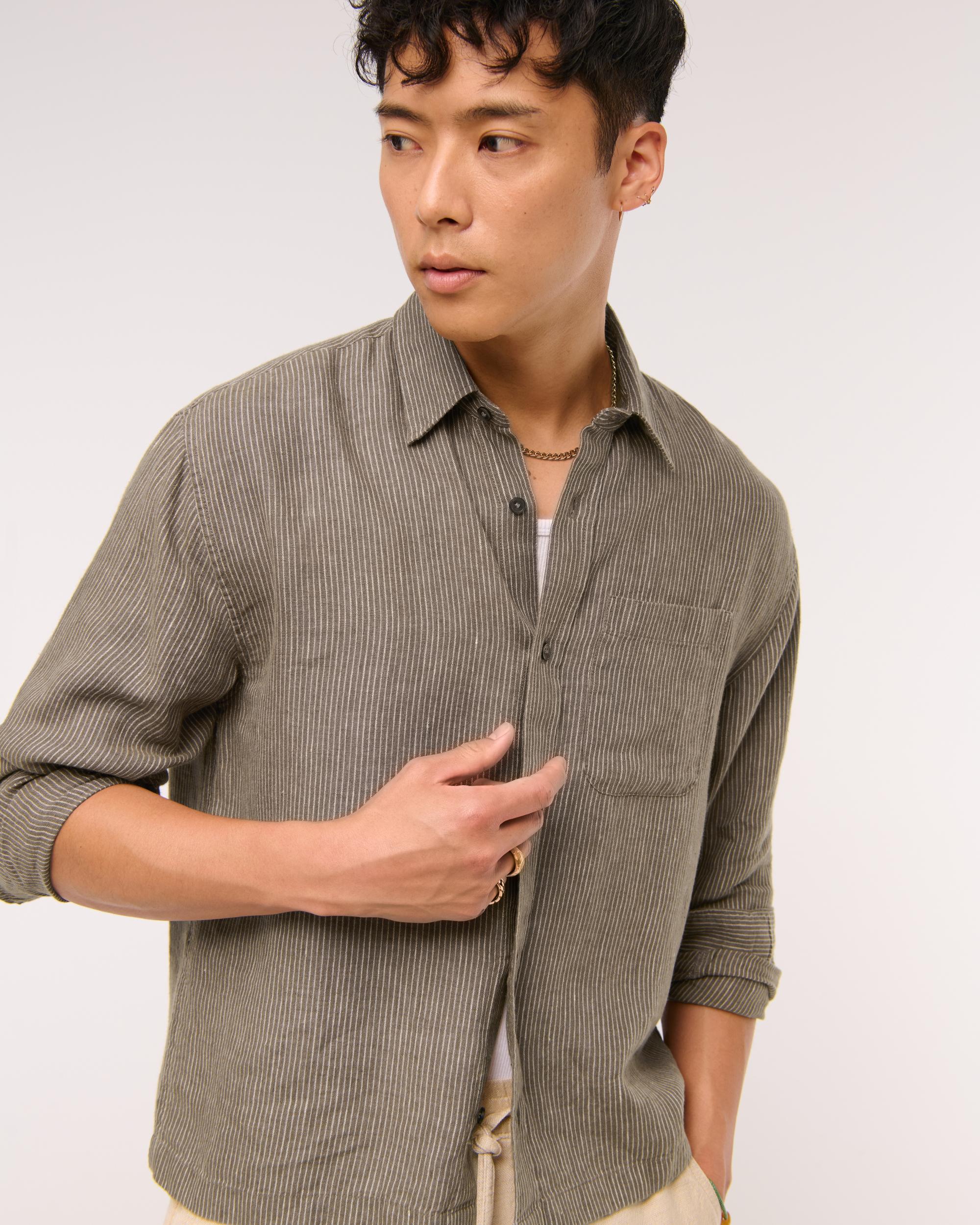 Cropped Linen Button-Up Shirt Product Image