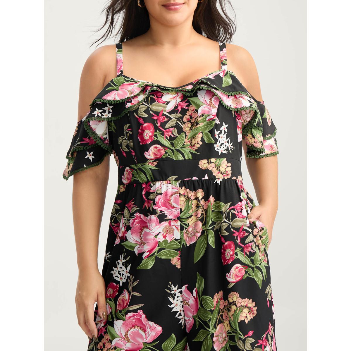Plus Size Black Floral Print Off-Shoulder Wide-Leg Jumpsuit Women Short sleeve One-shoulder neck Elegant Loose Jumpsuits BloomChic 30/6X Product Image