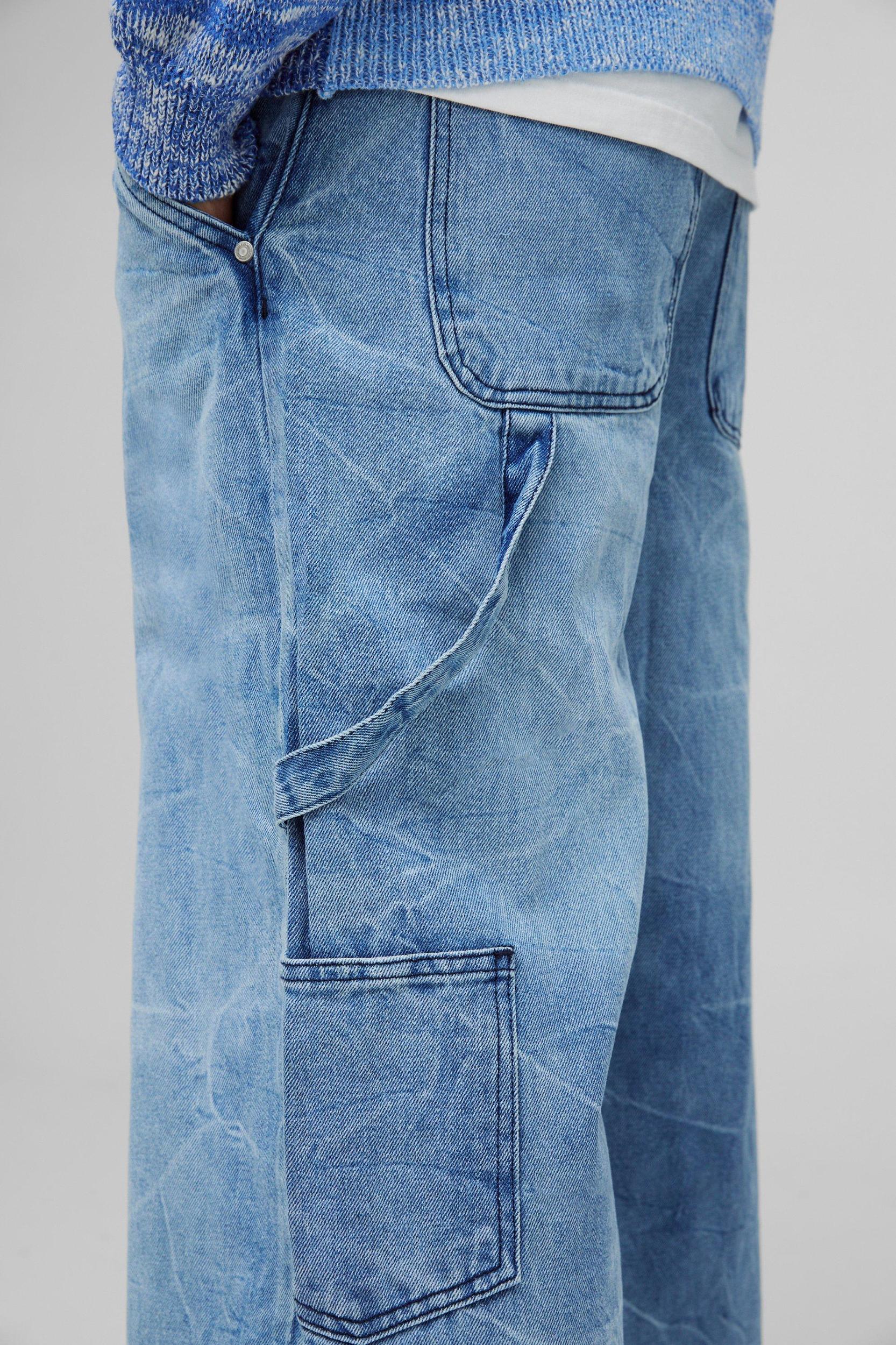 Baggy Rigid Carpenter Crinkle Denim Jeans In Antique Blue | boohooMAN USA Product Image