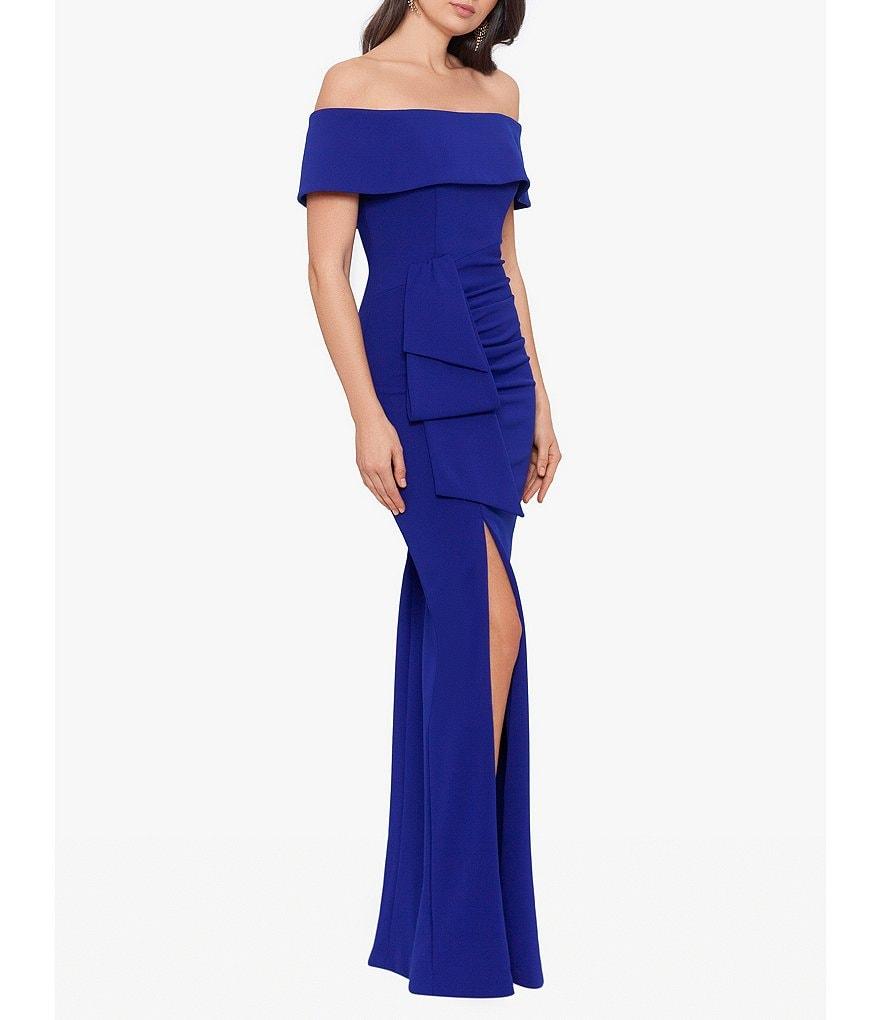 Xscape Off-the-Shoulder Ruched Ruched Waist Scuba Crepe Thigh High Slit Gown Product Image