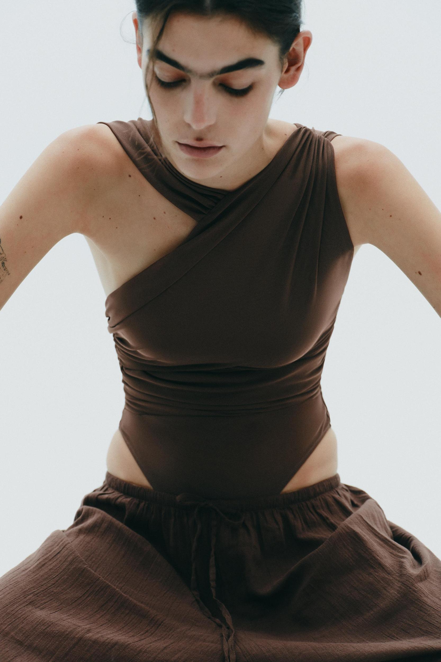 DRAPED ASYMMETRIC TULLE BODYSUIT Product Image