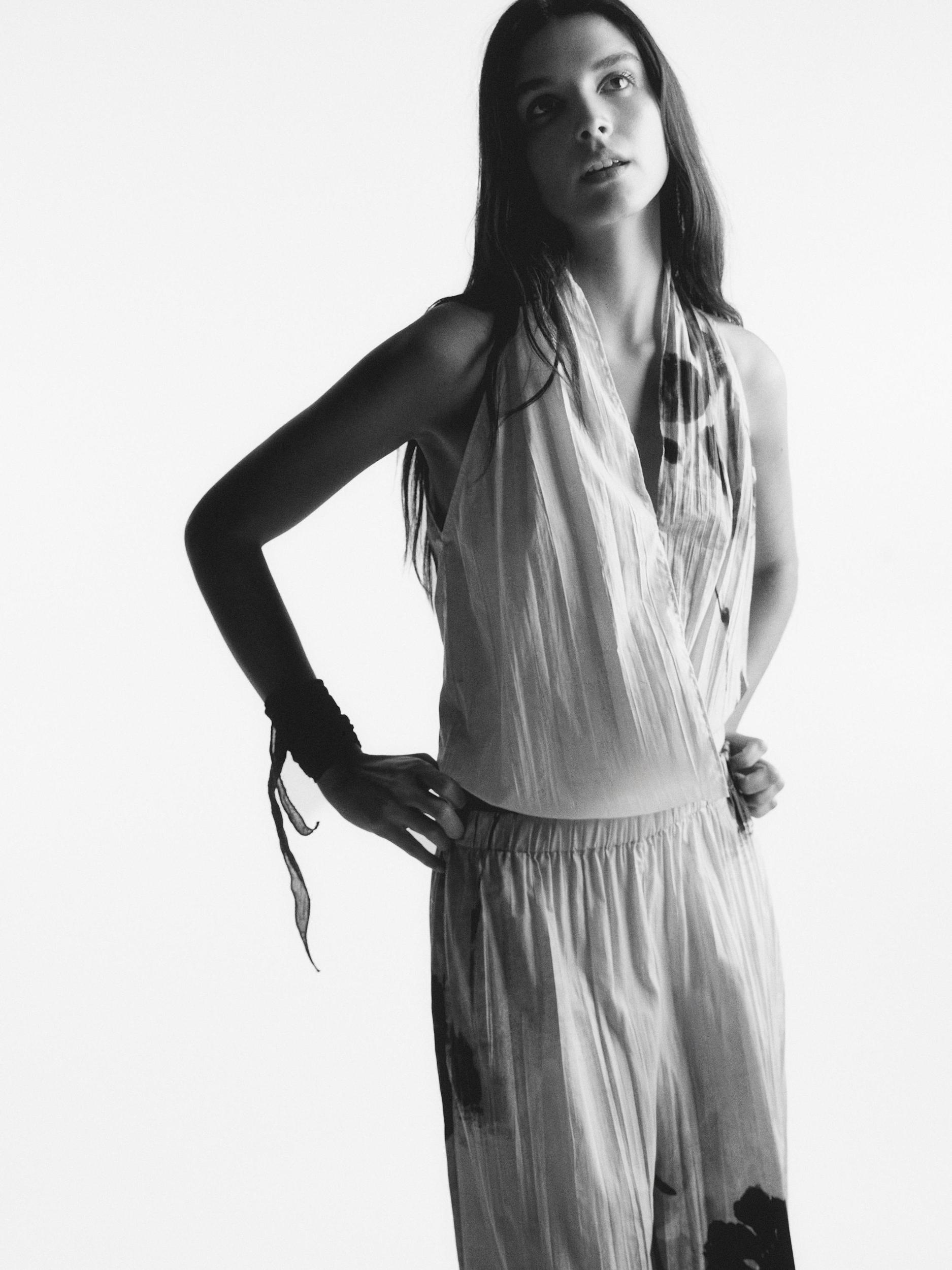 Printed surplice halter top Product Image