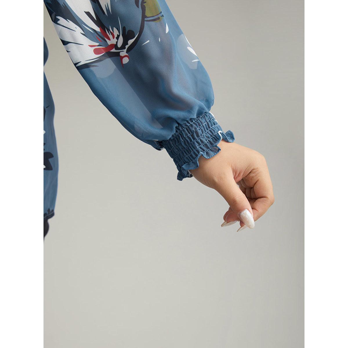 Plus Size Cerulean Floral Print Shirred Ruffles Mesh Blouse Women Elegant Long Sleeve V-neck Dailywear Blouses BloomChic 14-16/1X Product Image