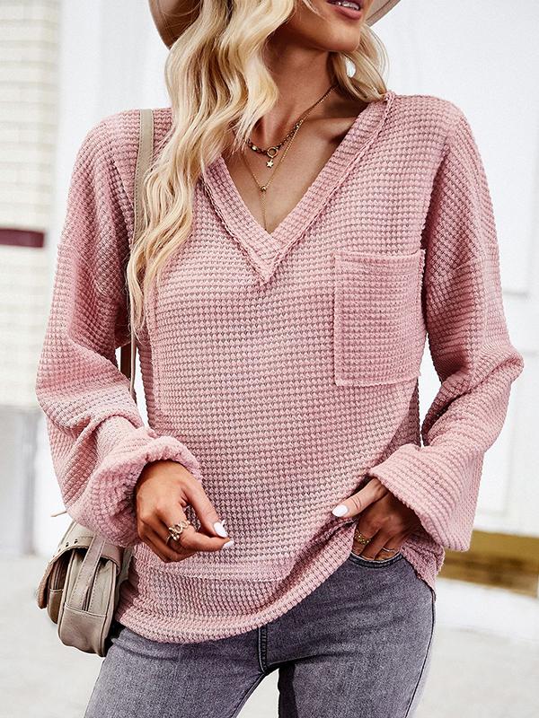 Long Sleeves Loose Elasticity Pockets Solid Color Split-Joint V-Neck T-Shirts Tops Product Image