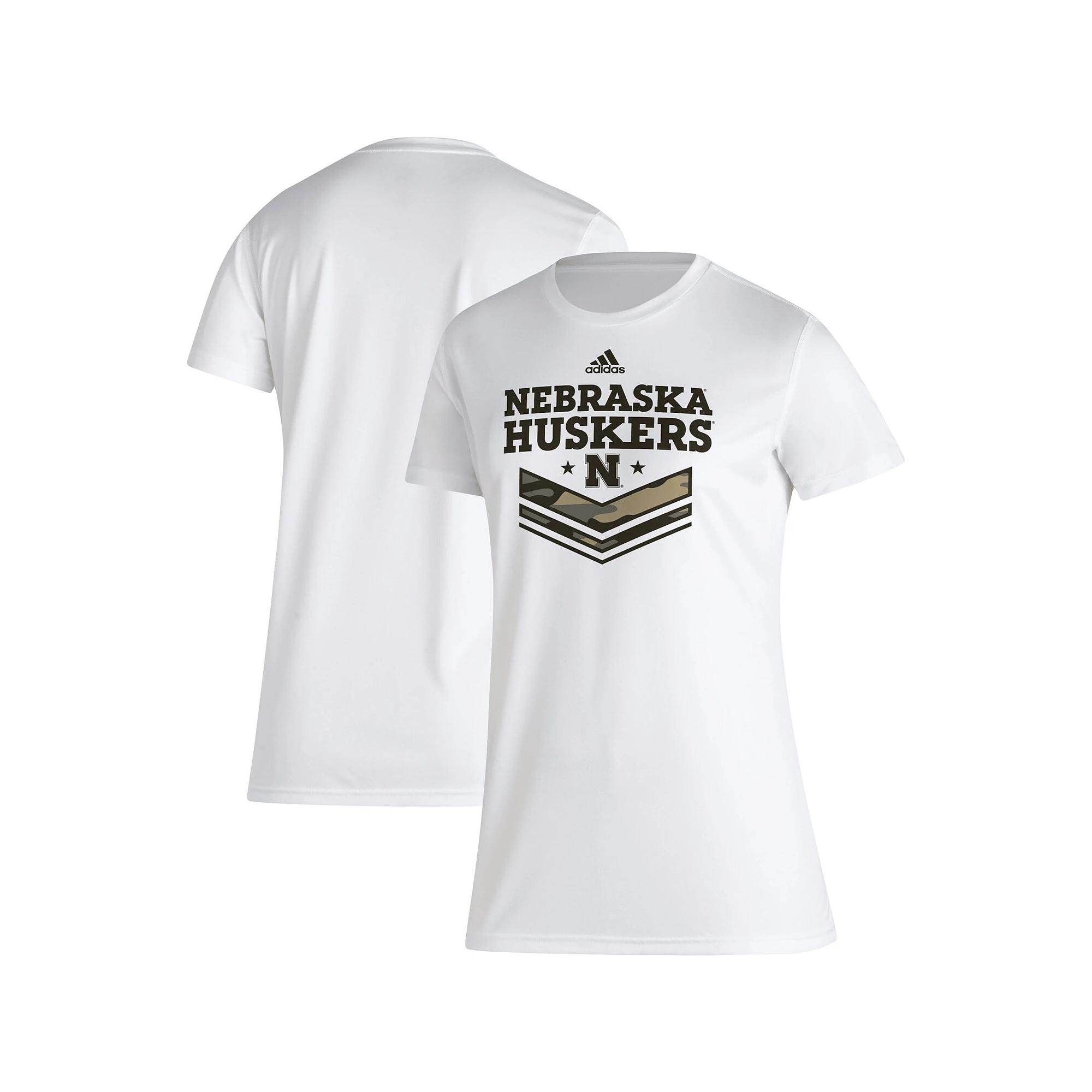 Women's adidas White Nebraska Huskers Military Appreciation AEROREADY T-Shirt,  Product Image