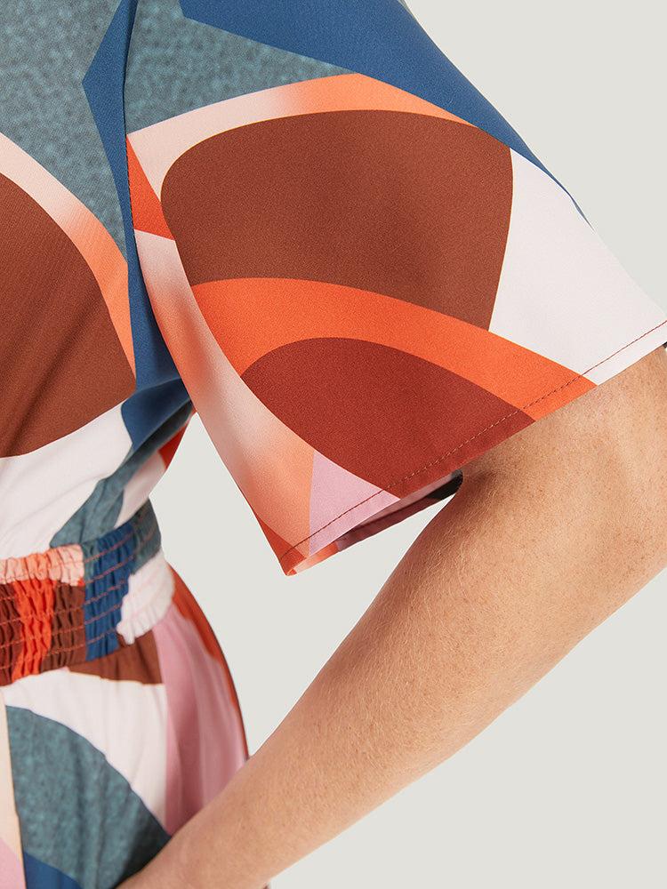 Colour Geometric Contrast Shirred Ruffles Elastic Waist Dress Female Product Image