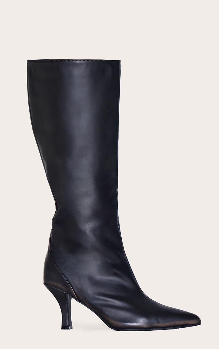 Black Burnish Wide Fit Pu Point Toe High Stiletto Heel Knee High Boots Product Image