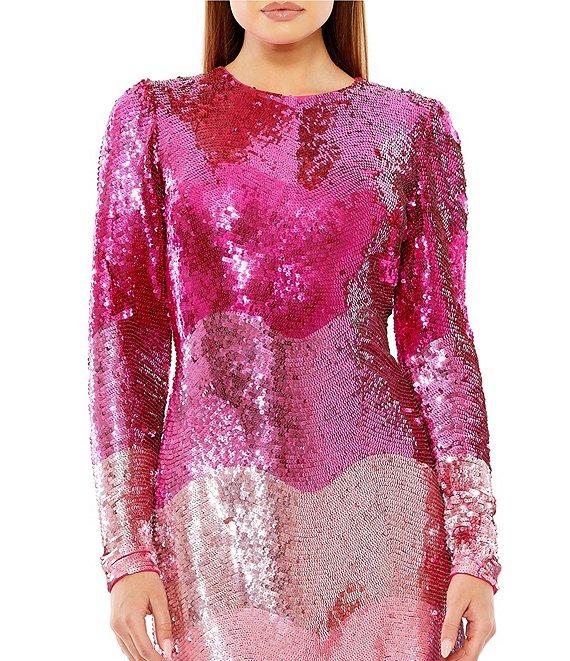 Mac Duggal Ombre Sequin Jewel Neck Long Sleeve Mini Dress Product Image