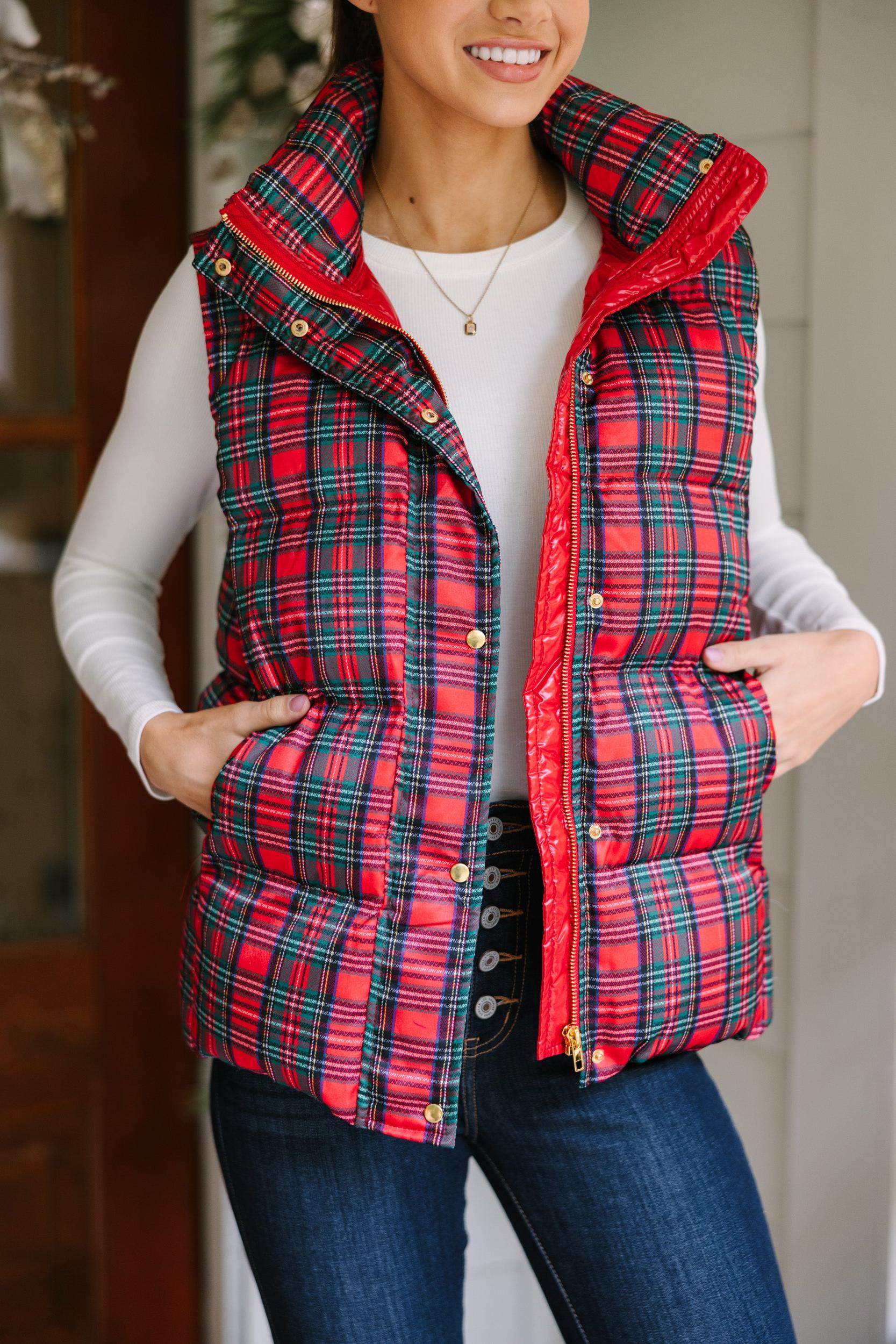 More The Merrier Red Tartan Plaid Puffer Vest Female Product Image
