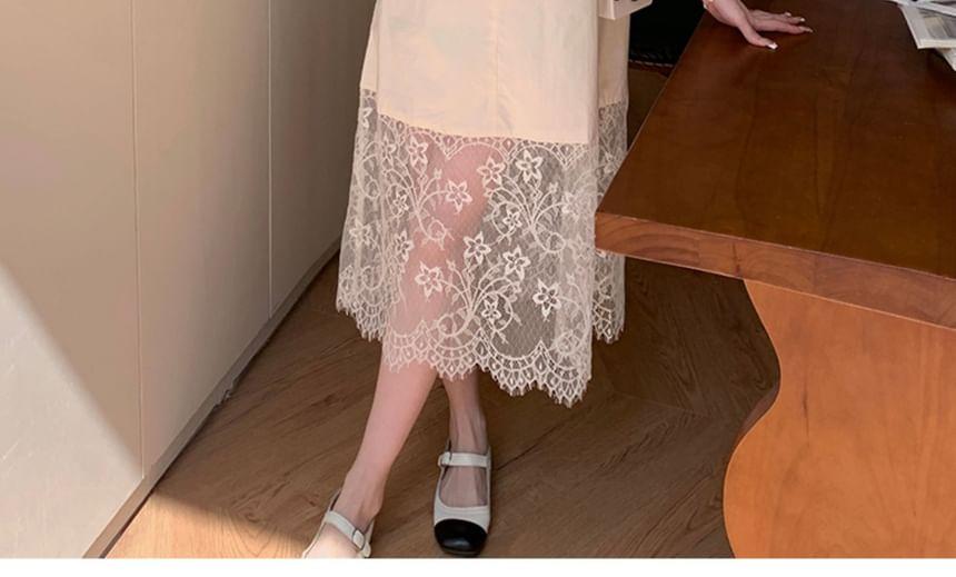 Maternity Short-Sleeve Round Neck Plain Lace Panel Midi A-Line Dress Product Image