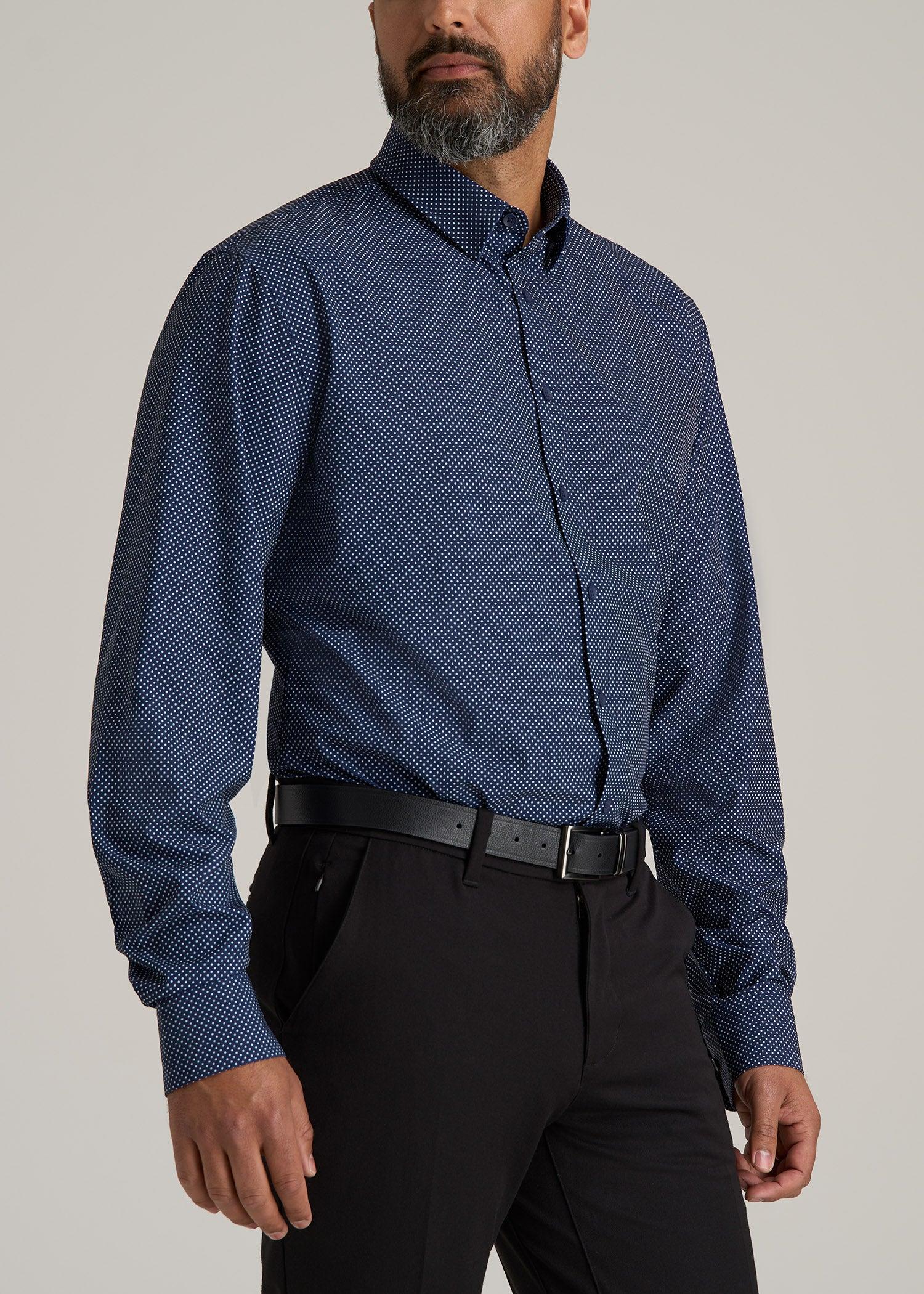 Traveler Stretch Dress Shirt for Tall Men in Navy Polka Dot Product Image