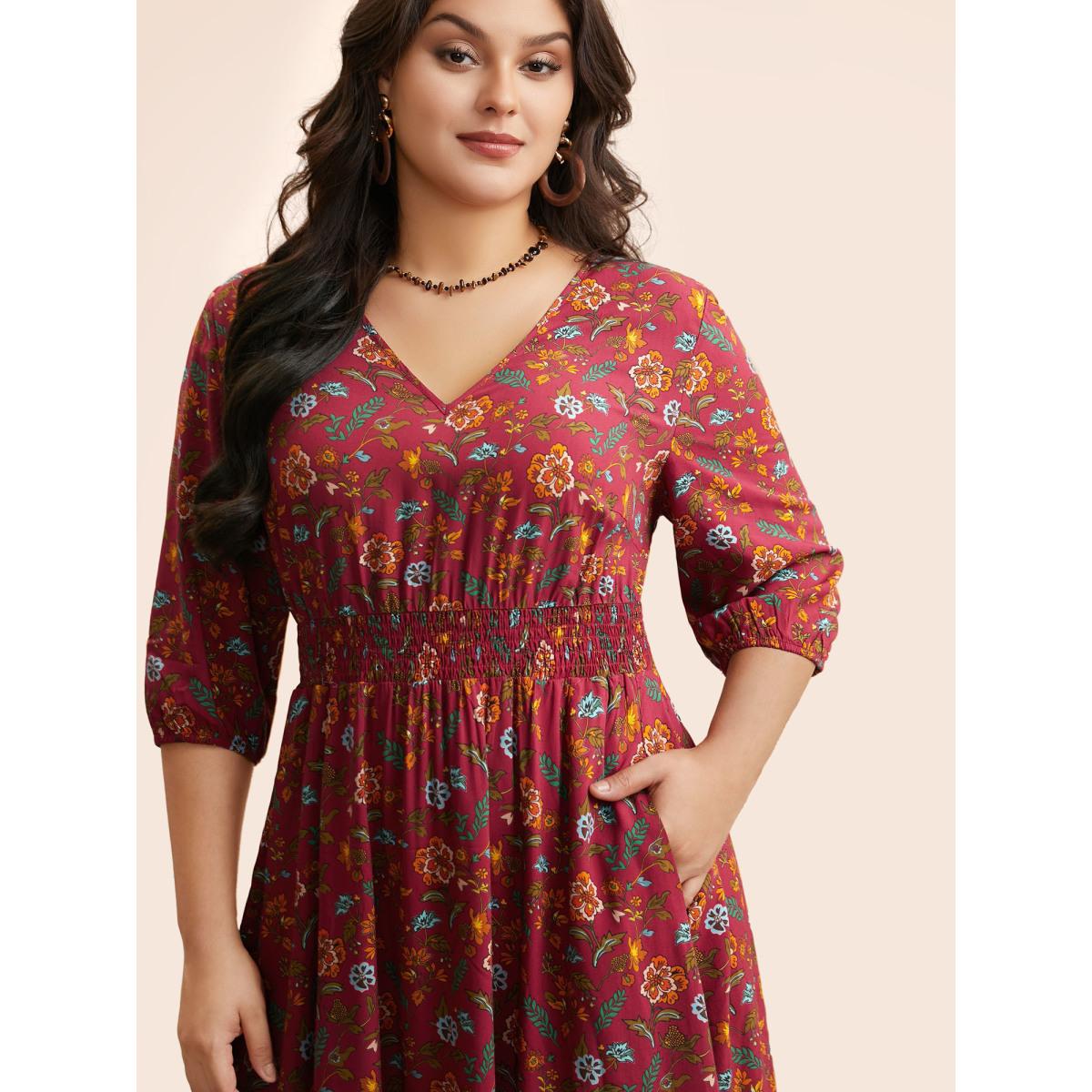 Plus Size V Neck Bandana Print Shirred Dress Burgundy Women Resort Shirred V-neck Elbow-length sleeve Curvy BloomChic 22-24/3X Product Image