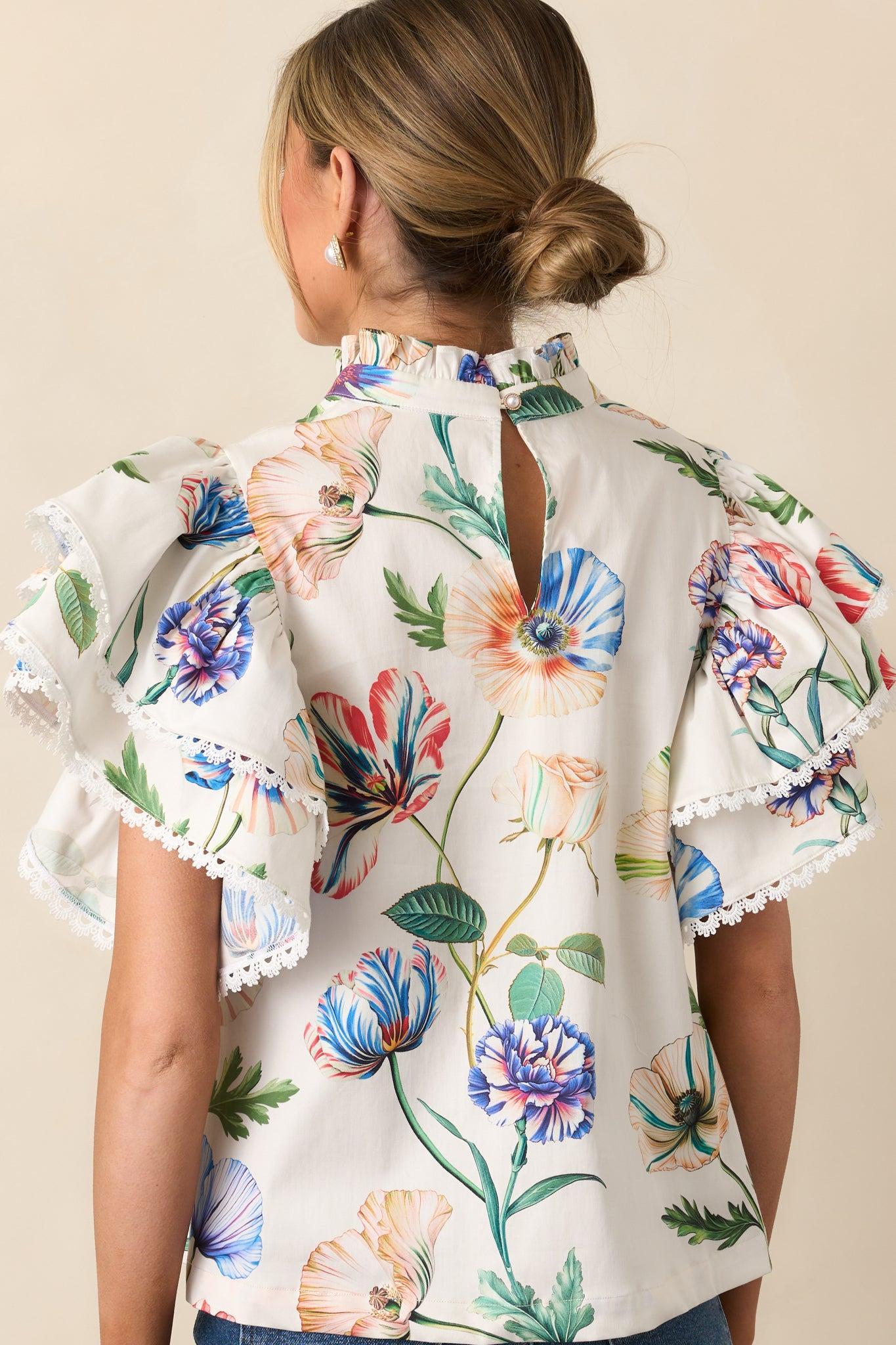 Prosperina Blair Ivory Multi Floral Print Cotton Ruffle Top Product Image