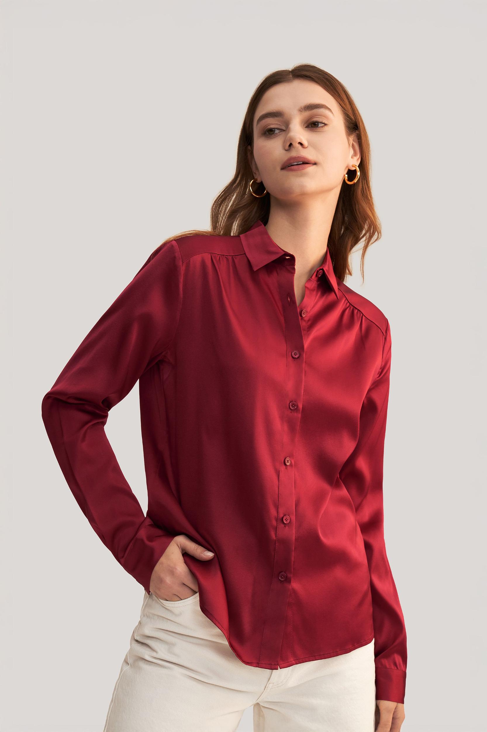 Long Sleeves Collared Silk Blouse Product Image
