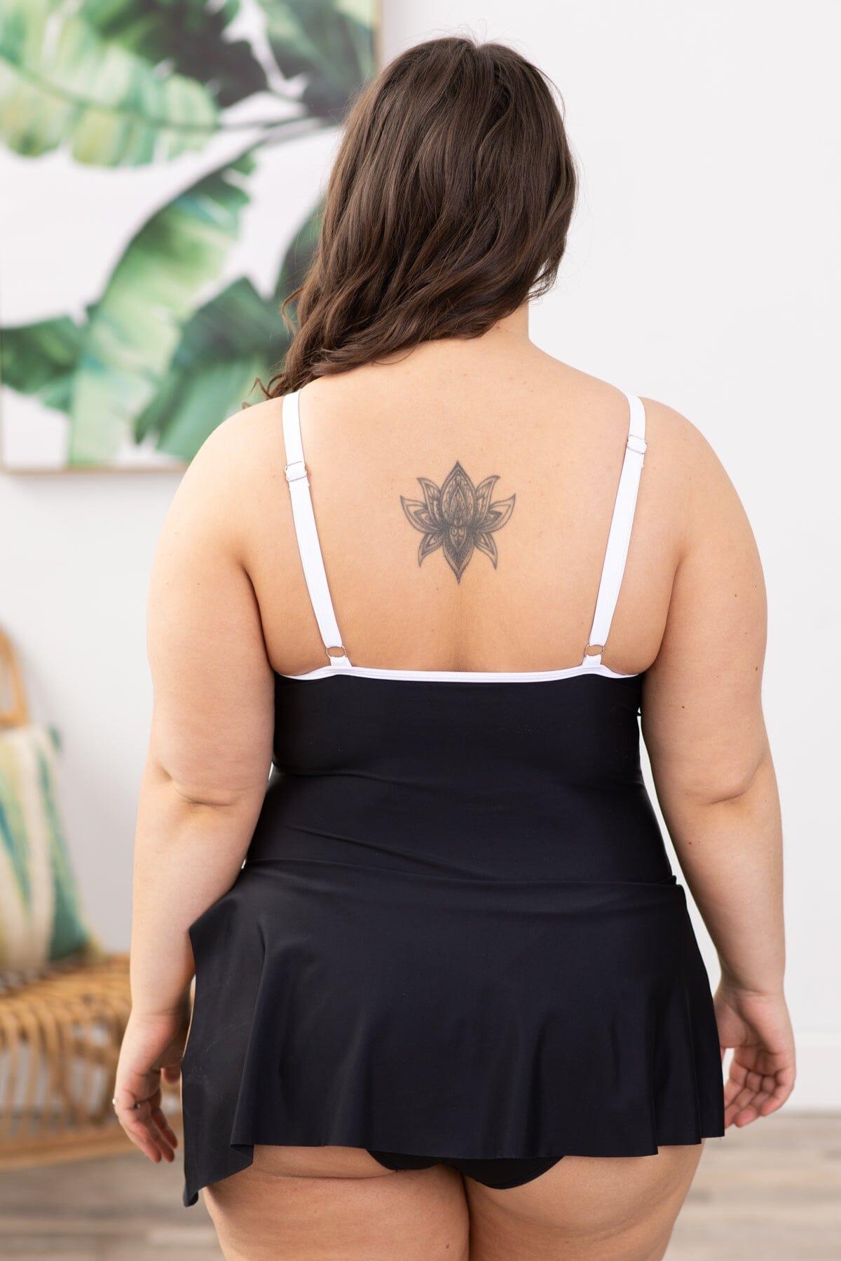 Black and White One Piece Swimsuit with Skirt Product Image