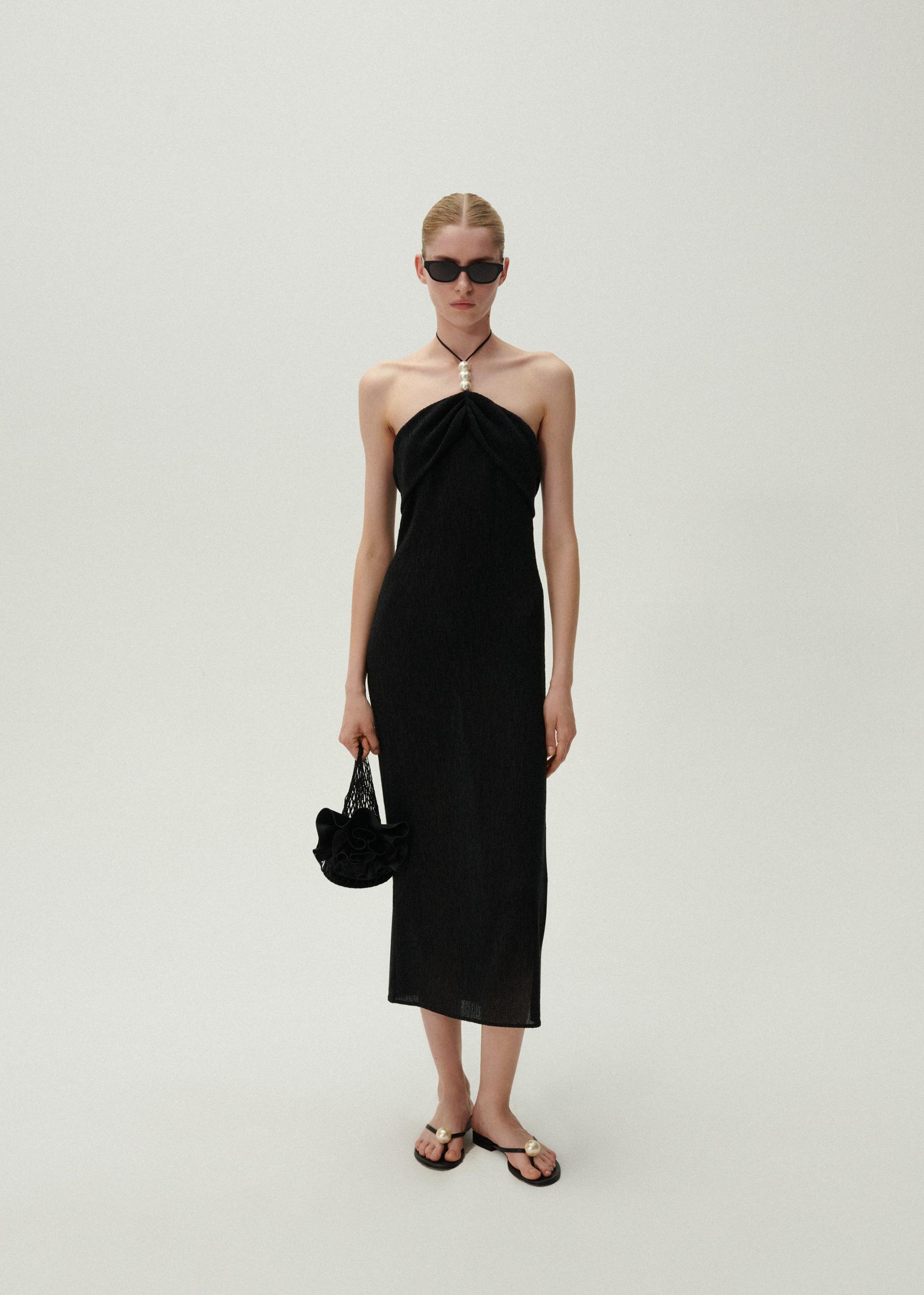 Pearl halterneck midi dress in black Product Image