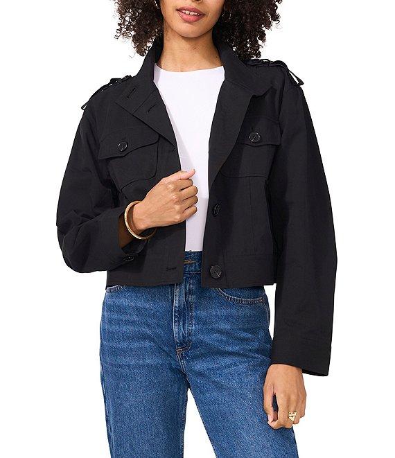 Vince Camuto Woven Banded Collar Long Sleeve Button Front Cropped Jacket Product Image