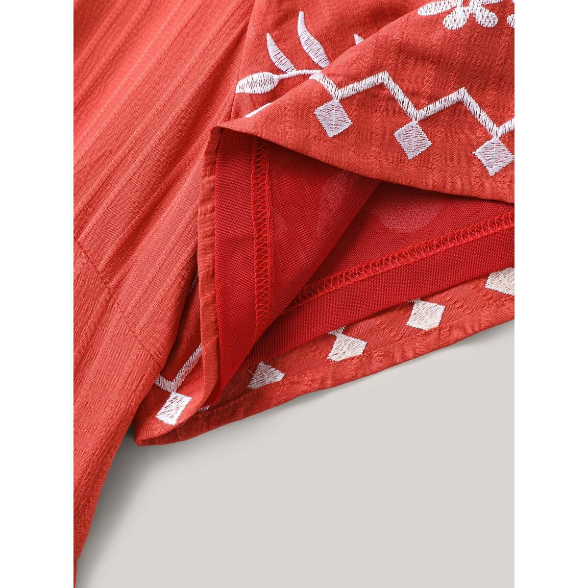 Plus Size Embroidered Sleeve Cinched-Waist Midi Dress Rust Women V-neck Short sleeve Curvy BloomChic 12/L Product Image