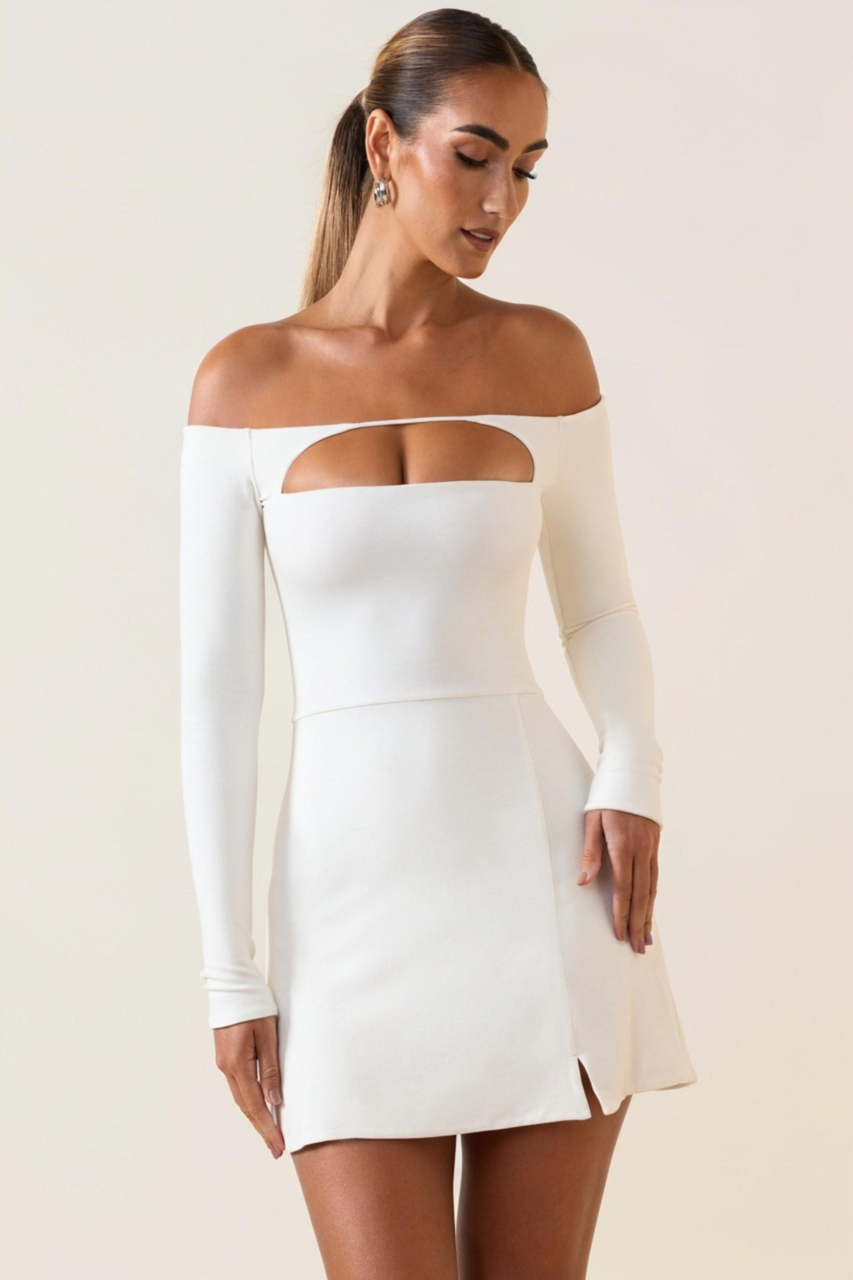 Modal Cut-Out Off-Shoulder A-Line Mini Dress in White Product Image