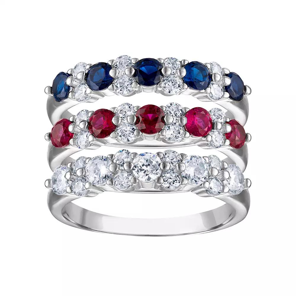 Sterling Silver 3-Piece Red, White & Blue Cubic Zirconia Stack Ring Set, Women's, Size: 10 Product Image