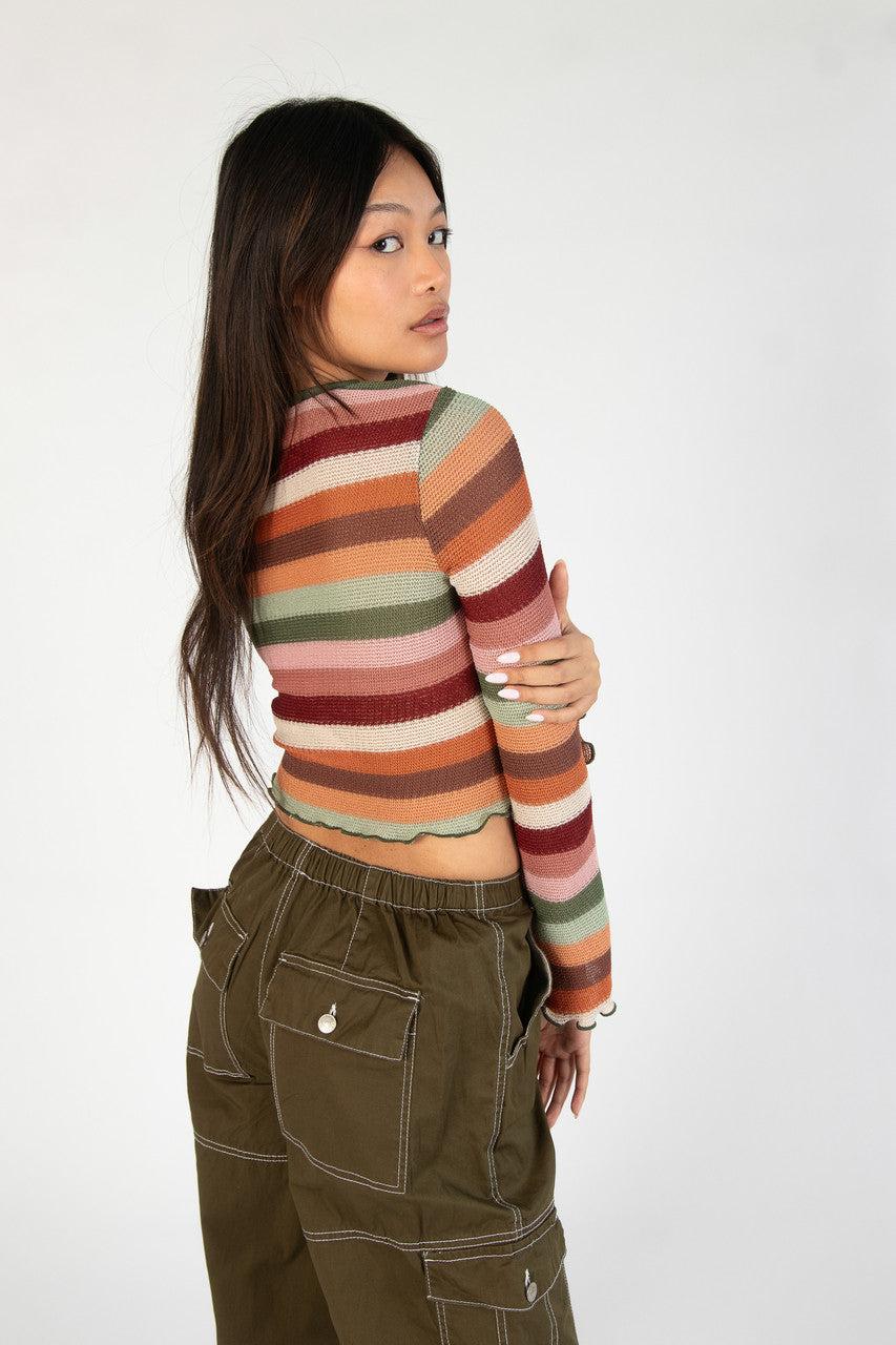 Cactus Flower Bell Sleeve Crochet Stripe Sweater Product Image