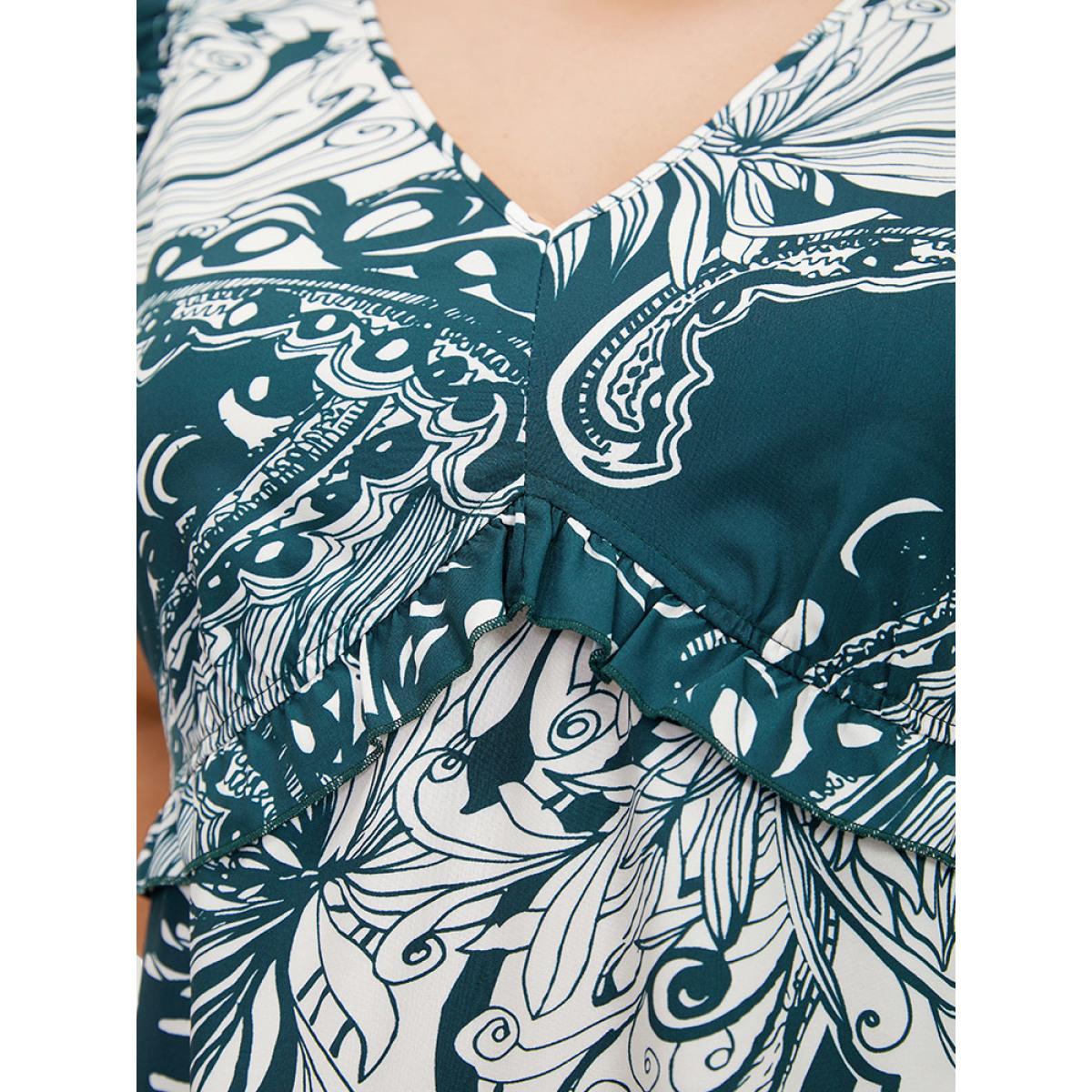 Plus Size Floral Print Sleeveless Pocket V Neck Frill Trim Dress DarkBlue Women Elegant Ruffles V-neck Sleeveless Curvy Midi Dress BloomChic 12/L Product Image