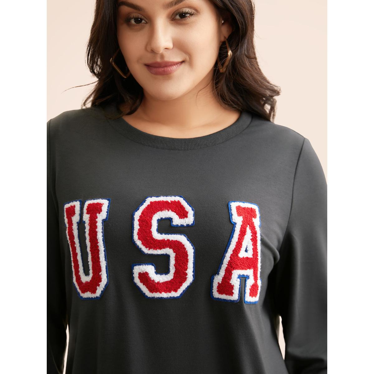 Plus Size USA Embroidered Patch Round Neck Sweatshirt Women DimGray Casual Contrast Loose Round Neck Everyday Sweatshirts BloomChic 22-24/3X Product Image