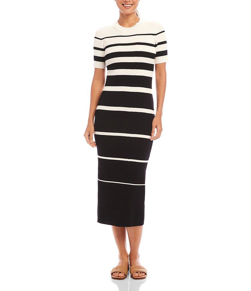 Karen Kane Crew Neck Short Sleeves Stripe Ribbed Sweater Midi Dress Product Image