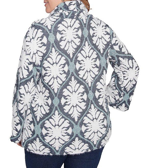 Ruby Rd. Plus Size Jacquard Knit Jewel Tile Cowl Neck Long Sleeve Side Slits Sweater Product Image