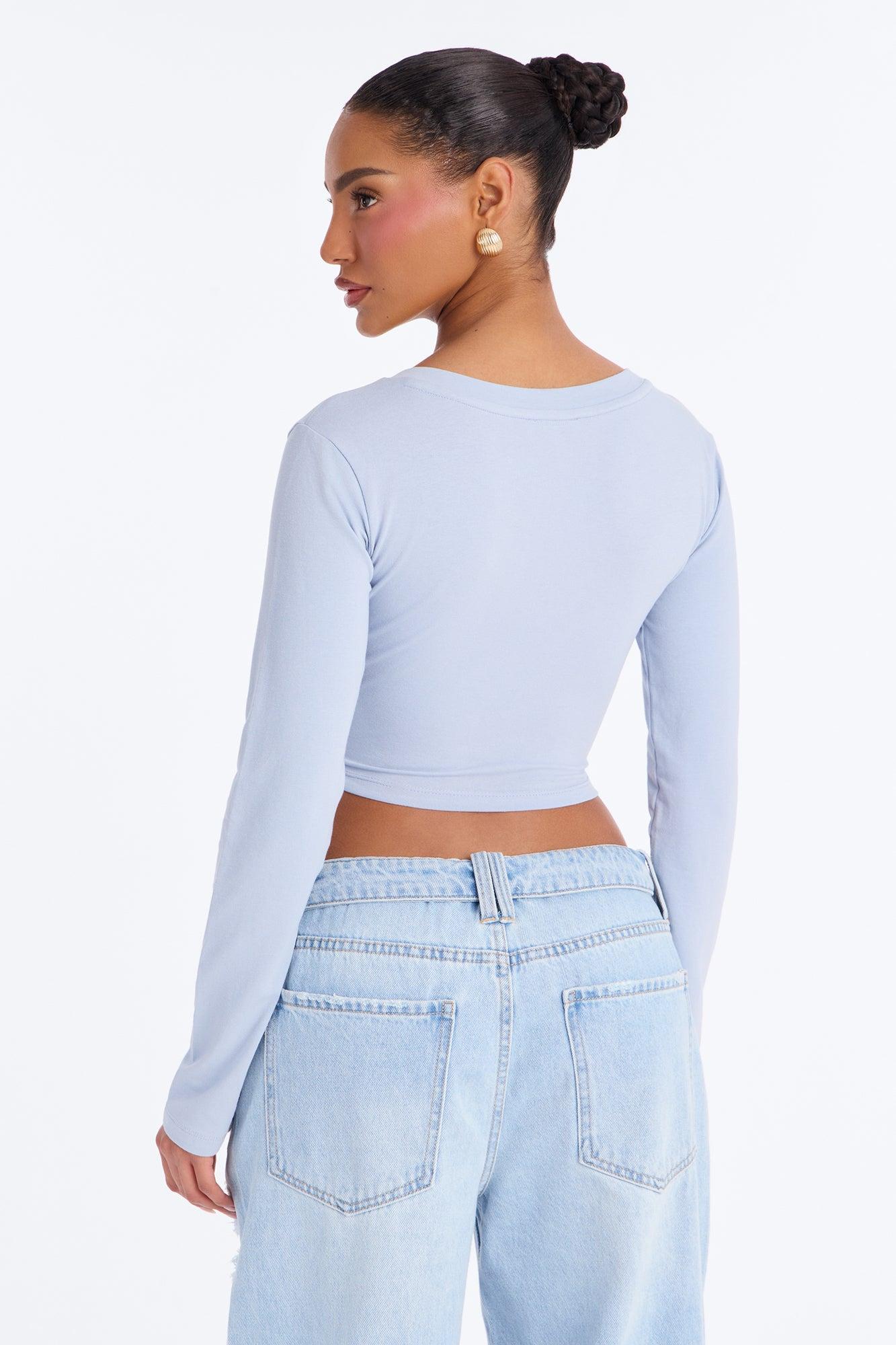 Carly V Neck Crop Long Sleeve Tee - Dusty Blue Female Product Image