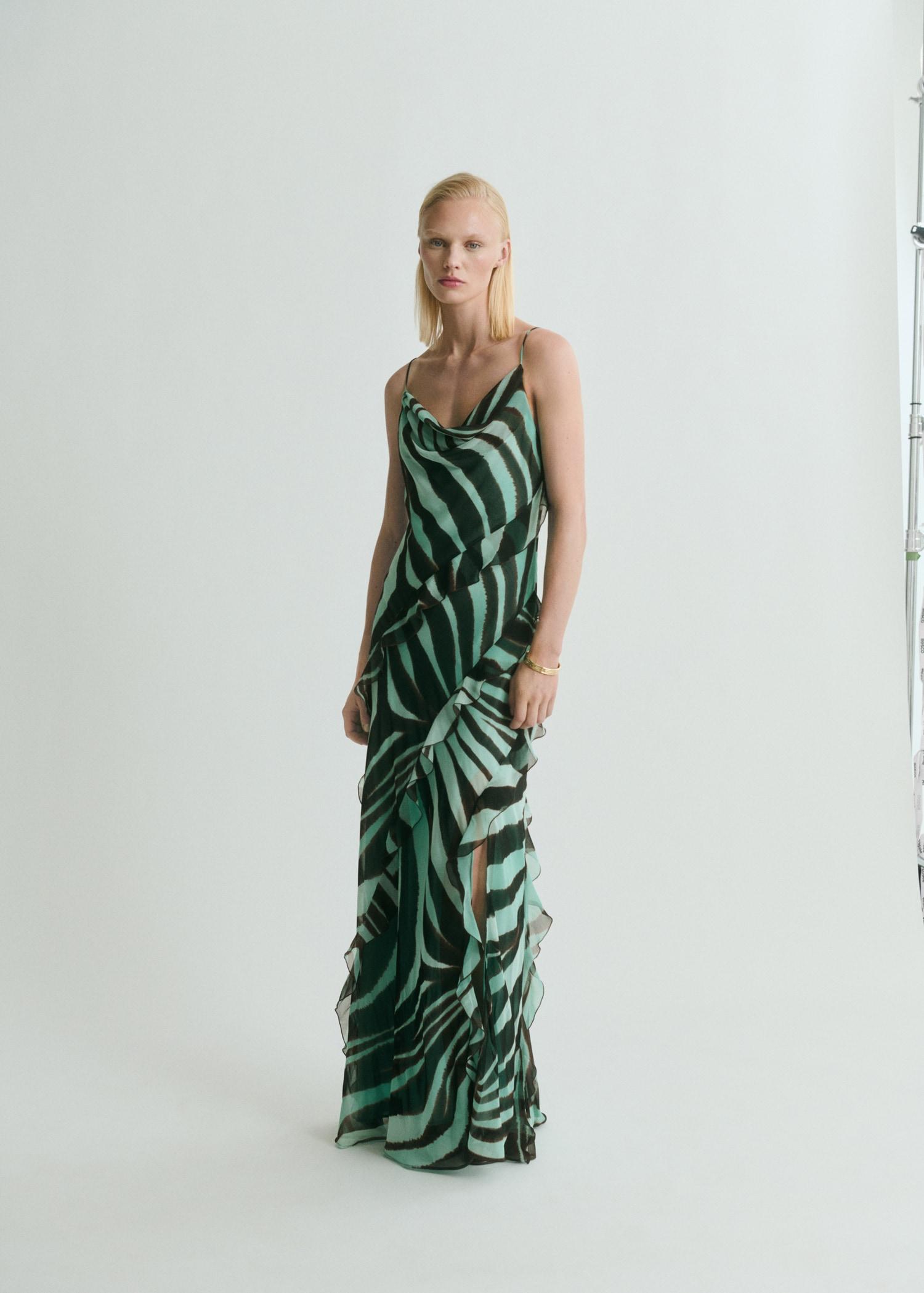 Zebra-print dress with ruffles - Women | MANGO USA Product Image