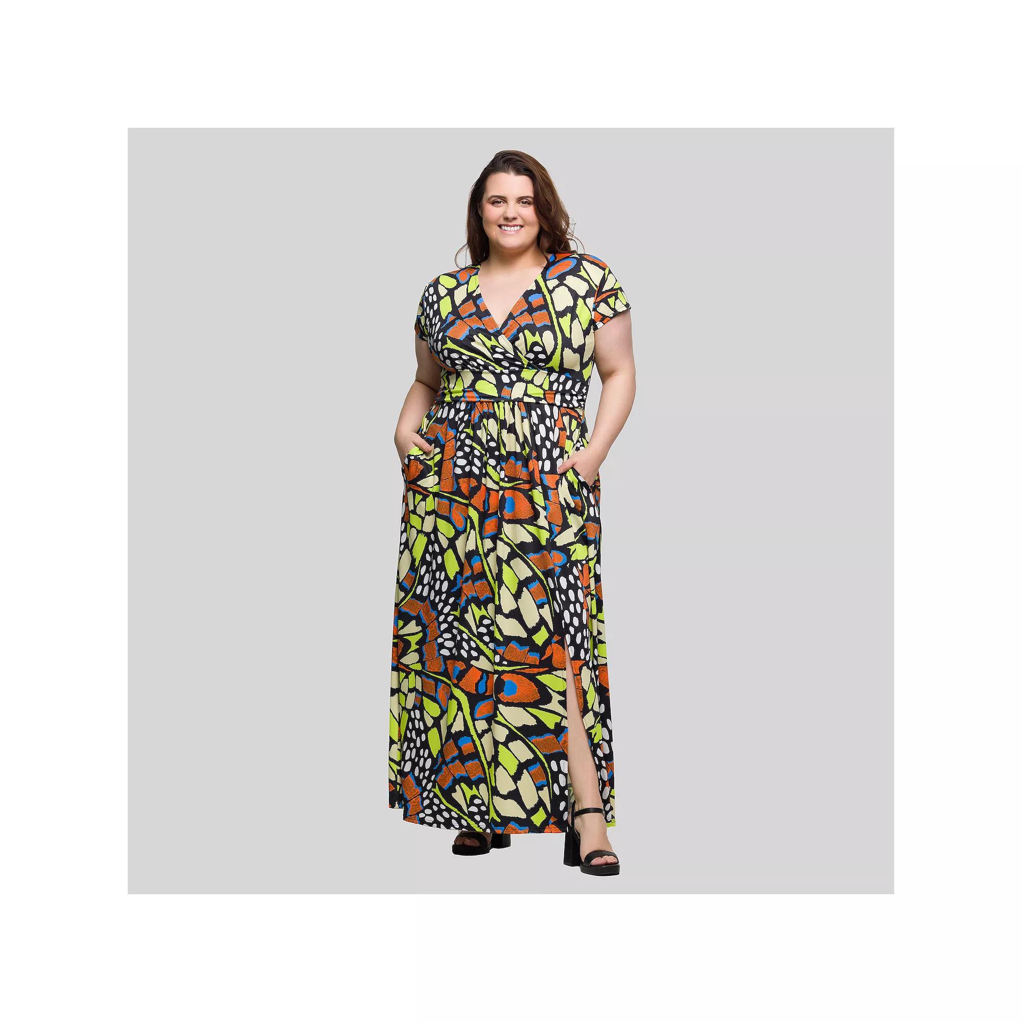 Plus Size 24Seven Comfort Apparel Butterfly Print Cap Sleeve V-Neck Maxi Dress, Women's, Size: 3XL, Orange Team Product Image