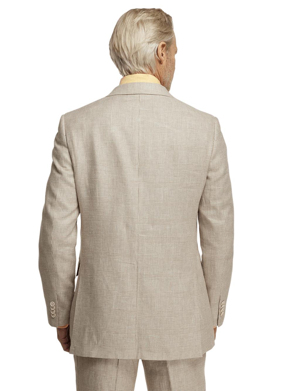 Linen Blend Plaid Double Breasted Peak Lapel Suit Jacket - Tan Product Image