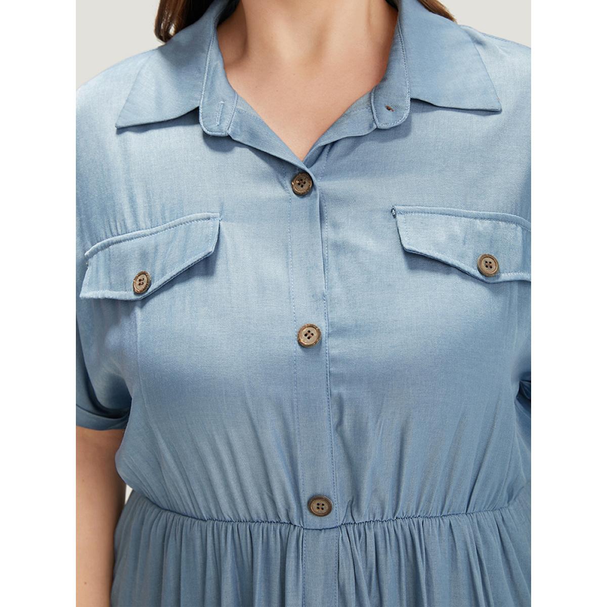 Plus Size Plain Pocket Button Detail Gathered Roll Dolman Sleeve Dress Stone Women Casual Gathered Shirt collar Short sleeve Curvy Midi Dress BloomChic 30/6X Product Image