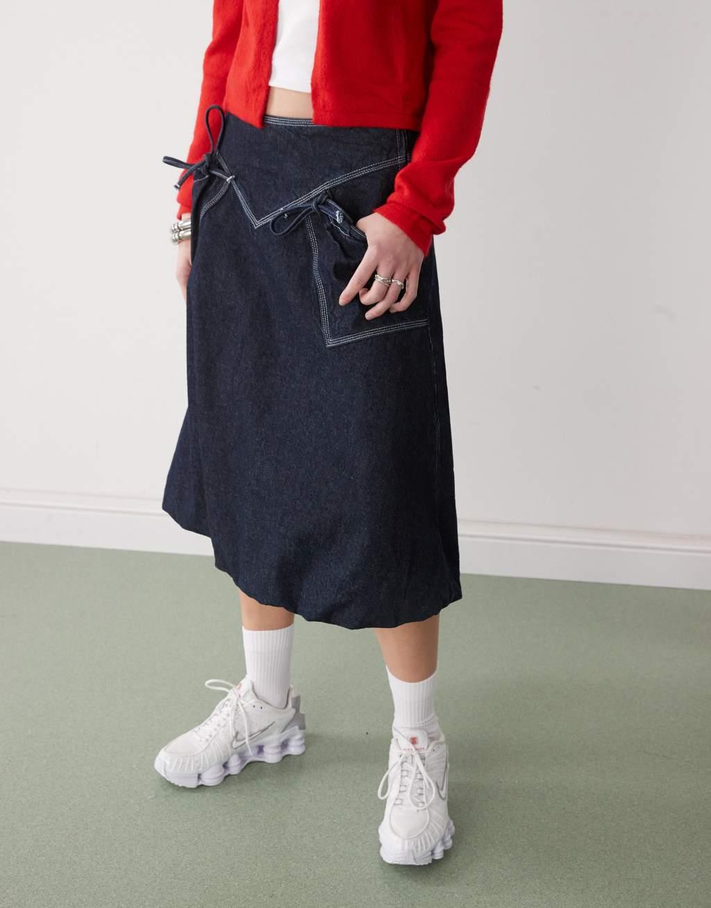 COLLUSION bubble hem midi skirt in rinse wash Product Image