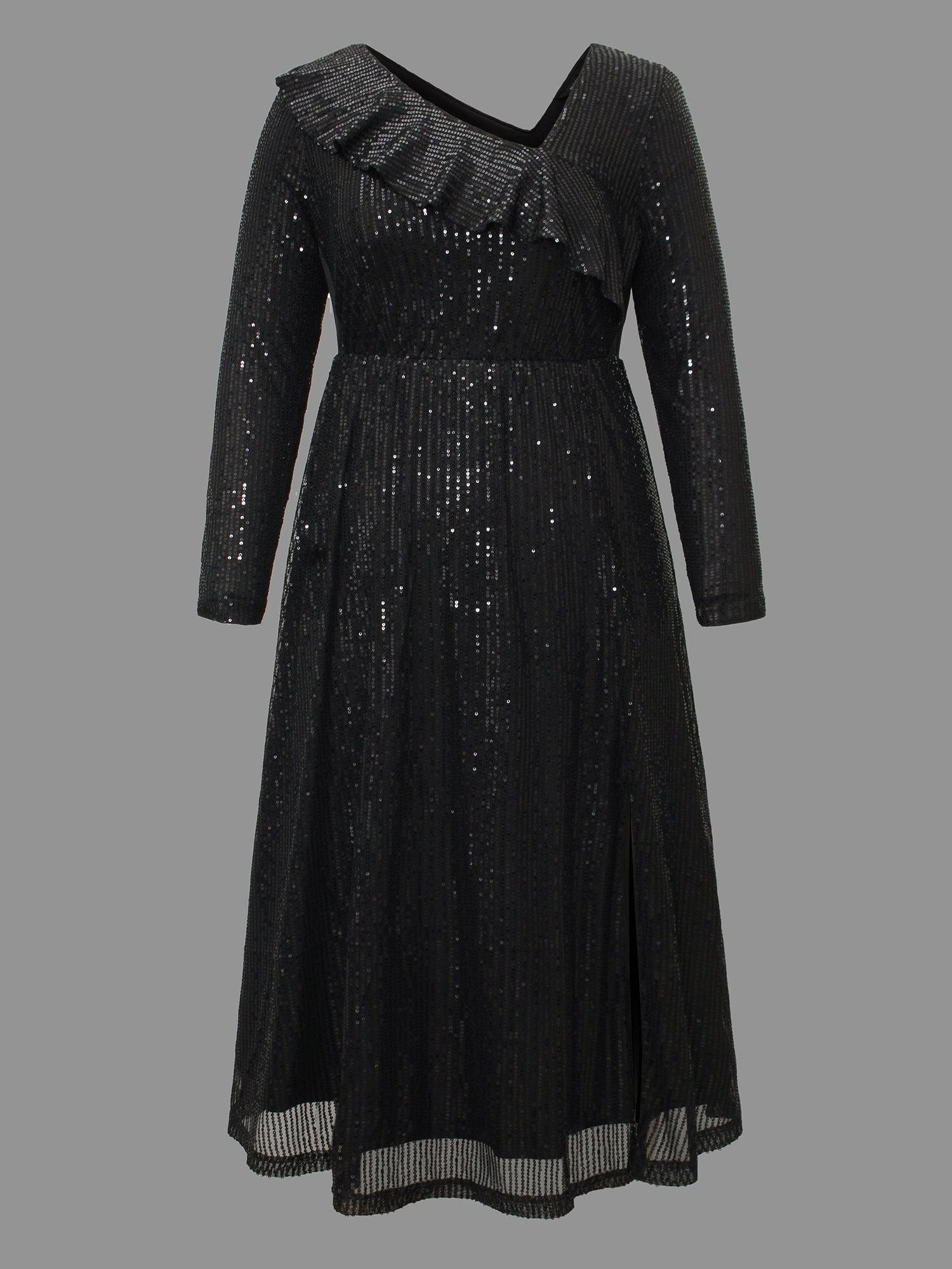 Sequin Mesh Asymmetrical Neck Midi Dress Female Product Image