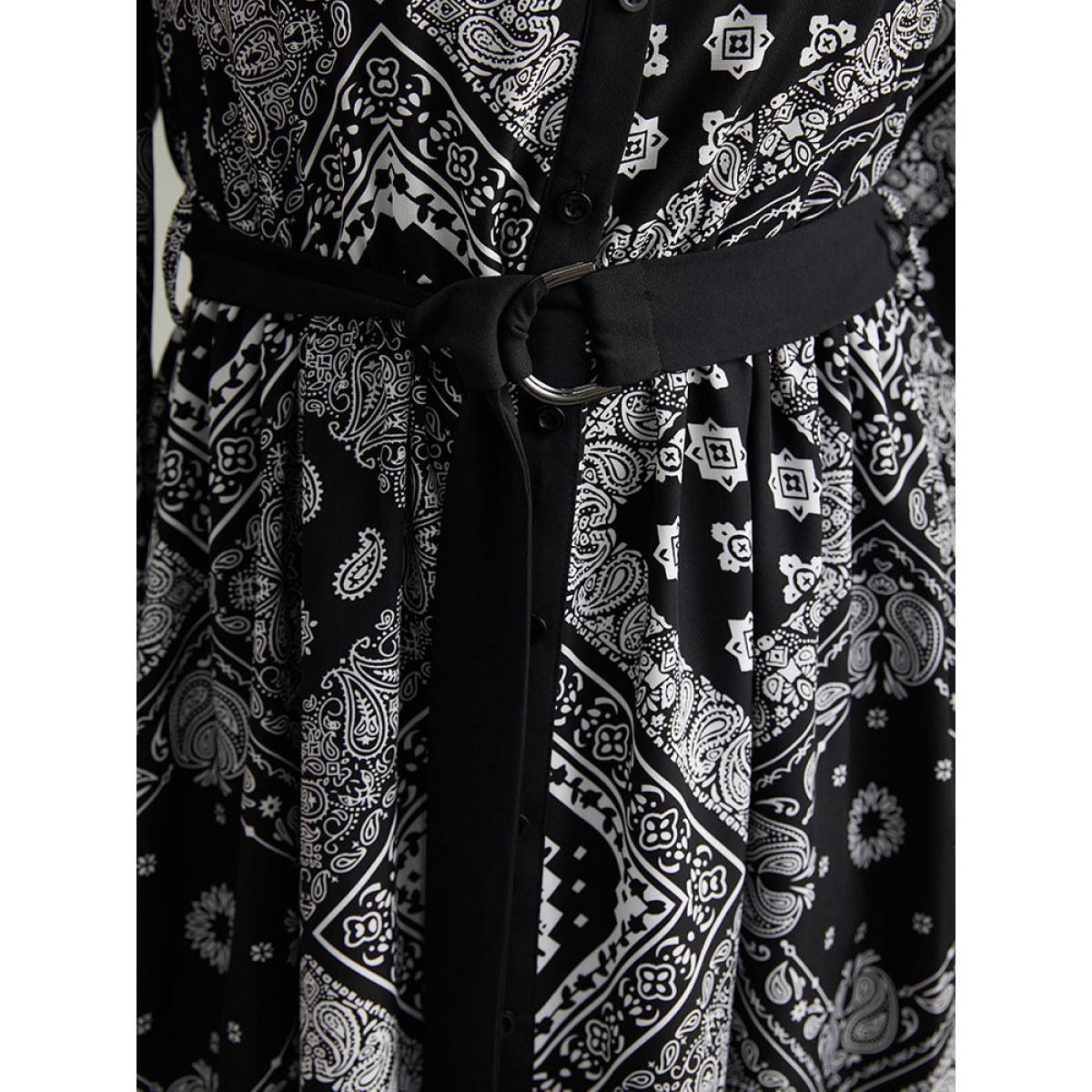 Plus Size Moroccan Print Shirt Collar Belted Button Through Dress Black Women Office Elastic cuffs Shirt collar Long Sleeve Curvy Midi Dress BloomChic 18-20/2X Product Image