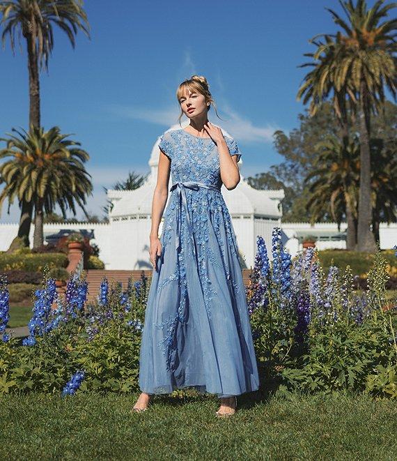 Mac Duggal Illusion Round Neck Cap Sleeve Floral Embellished Mesh Aline Gown Product Image