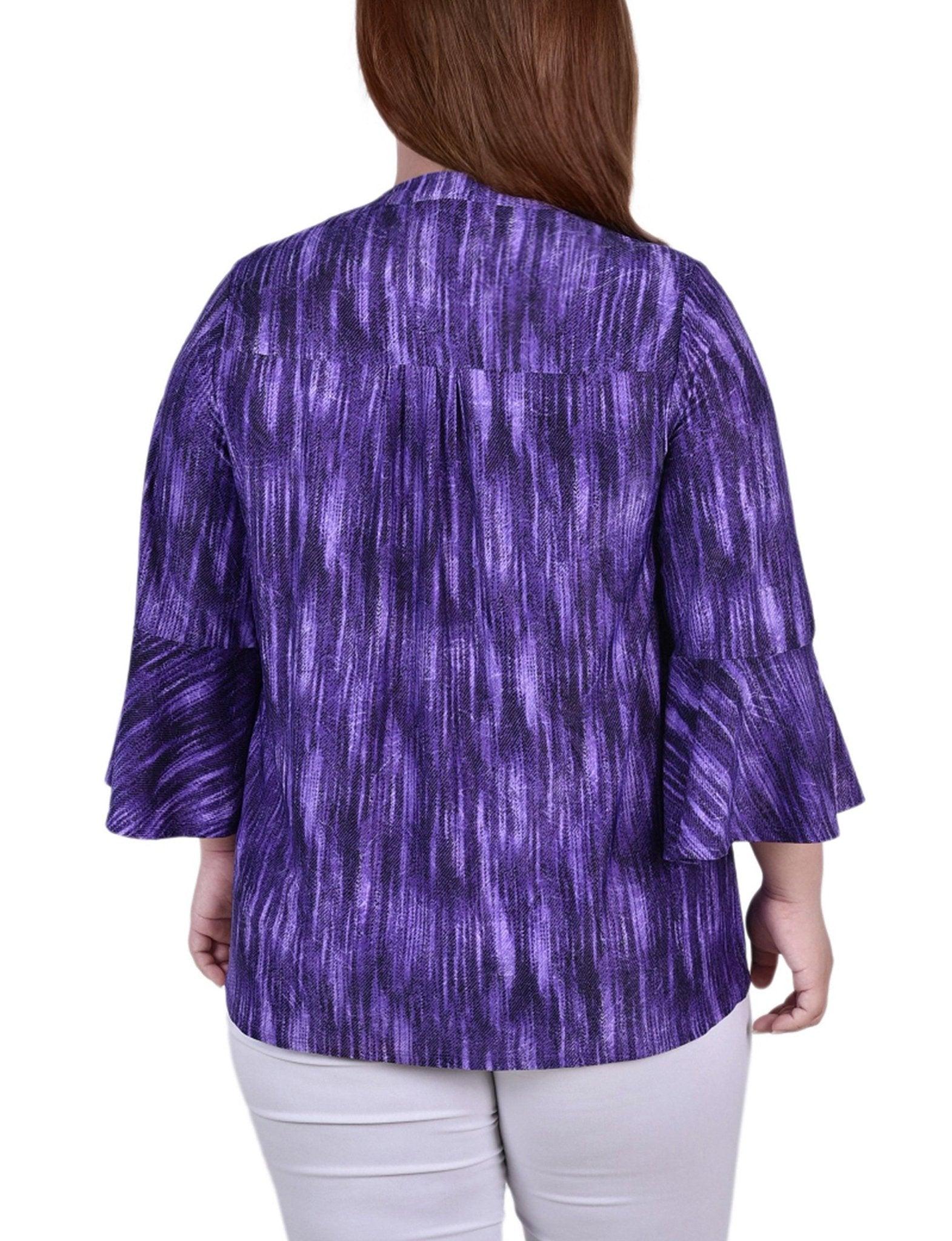 Purple Stripe 3/4 Bell Sleeve Pleat Front Y Neck Top - Plus Product Image