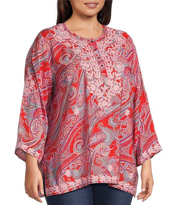 Calessa Plus Size Woven Embroidered Printed Split V-Neck Wrist Length Sleeve Tunic Product Image