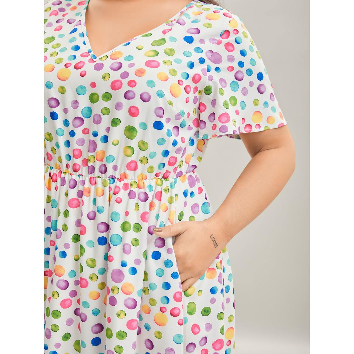 Plus Size Polka Dots Print Pockets V-Neck Midi Dress Originalwhite Women V-neck Short sleeve Curvy BloomChic 14-16/1X Product Image