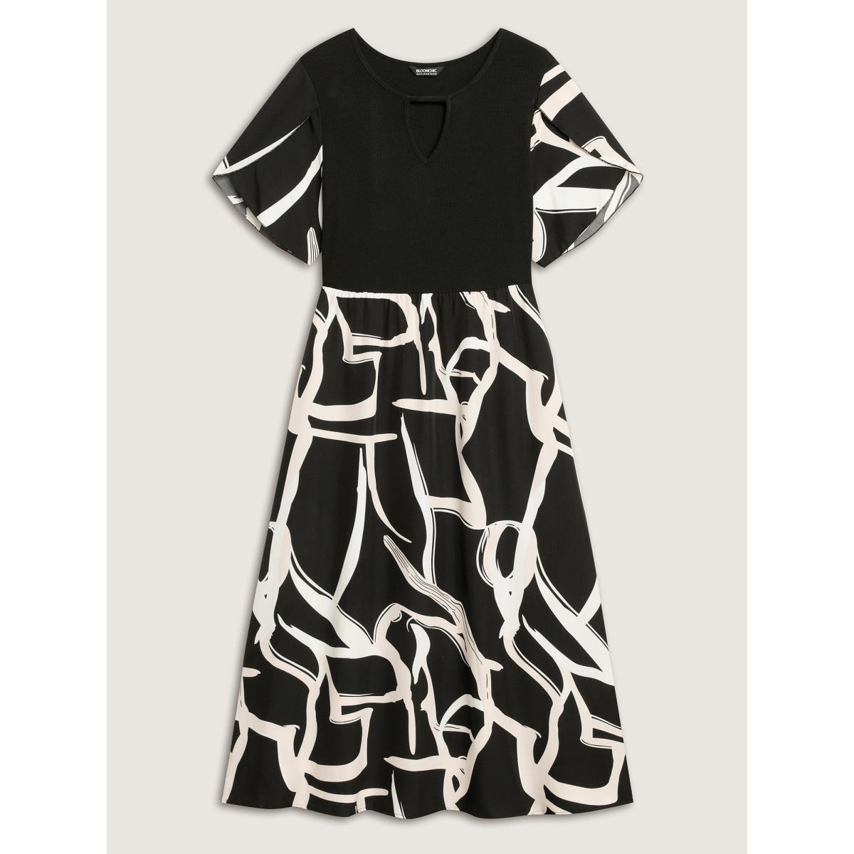 Plus Size Geometric Print Color Contrast Stretchy Midi Dress BlackFlower Women Petal edge Round Neck Short sleeve Curvy BloomChic 26/4X Product Image