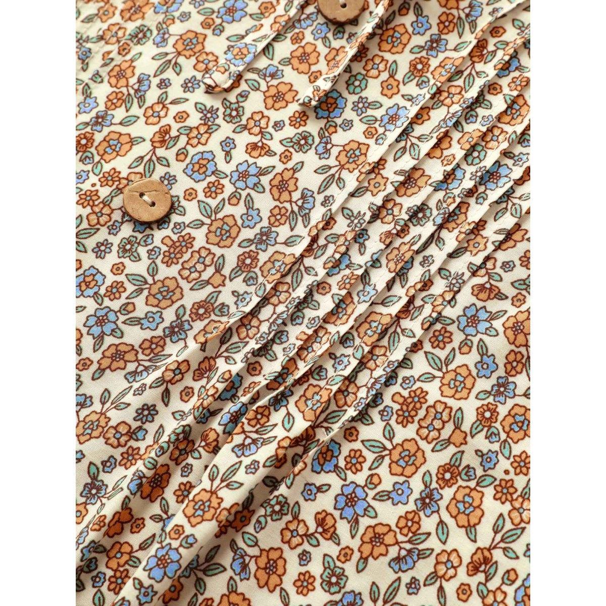 Plus Size Beige Boho Print Pleated Button Detail Tie Neck Blouse Women Resort Elbow-length sleeve Notched collar Vacation Blouses BloomChic 14-16/1X Product Image