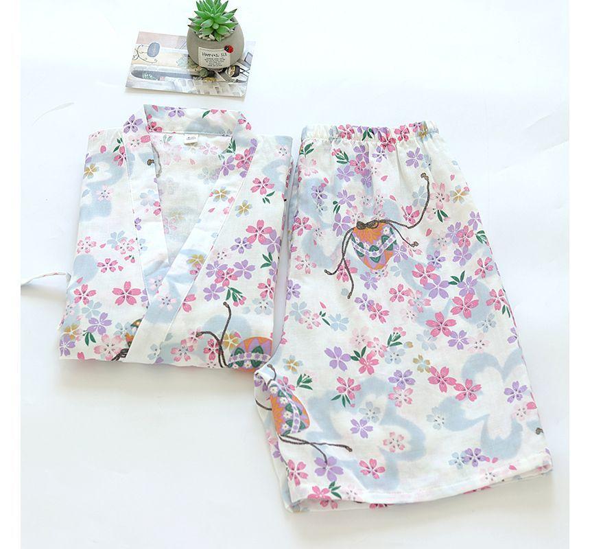 Pajama Set: Elbow-Sleeve Print Kimono Top + Lounge Shorts Product Image