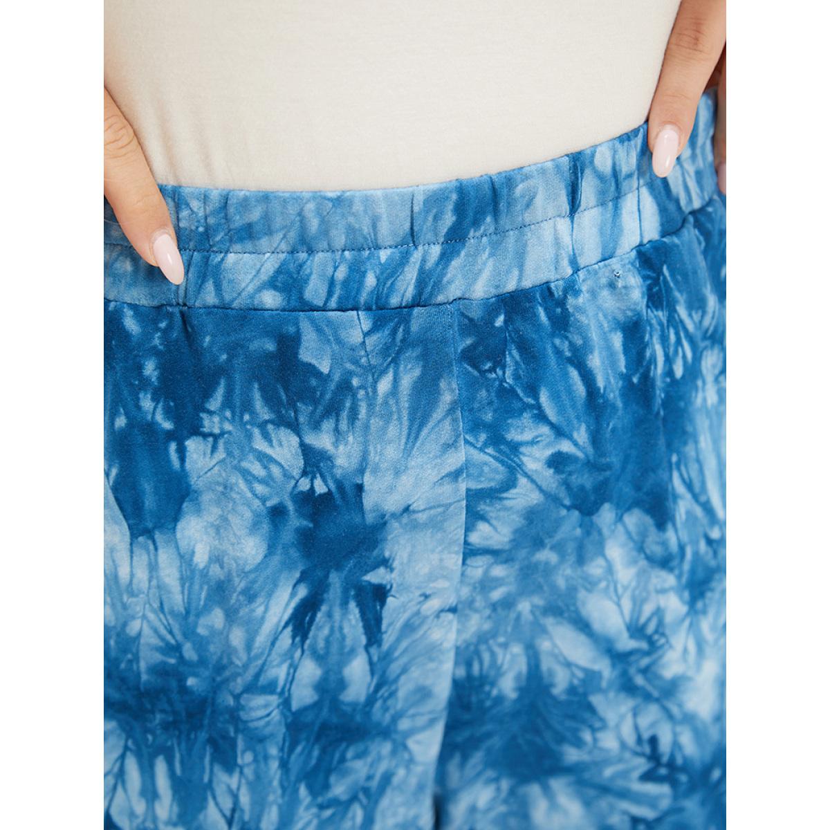 Plus Size Tie Dye Pocket Cut Out Knotted Hem Pants Women Blue Casual Mid Rise Dailywear Pants BloomChic 12/L Product Image